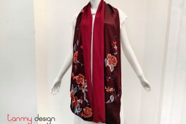 Red silk scarf hand-embroidered with hibiscus flower